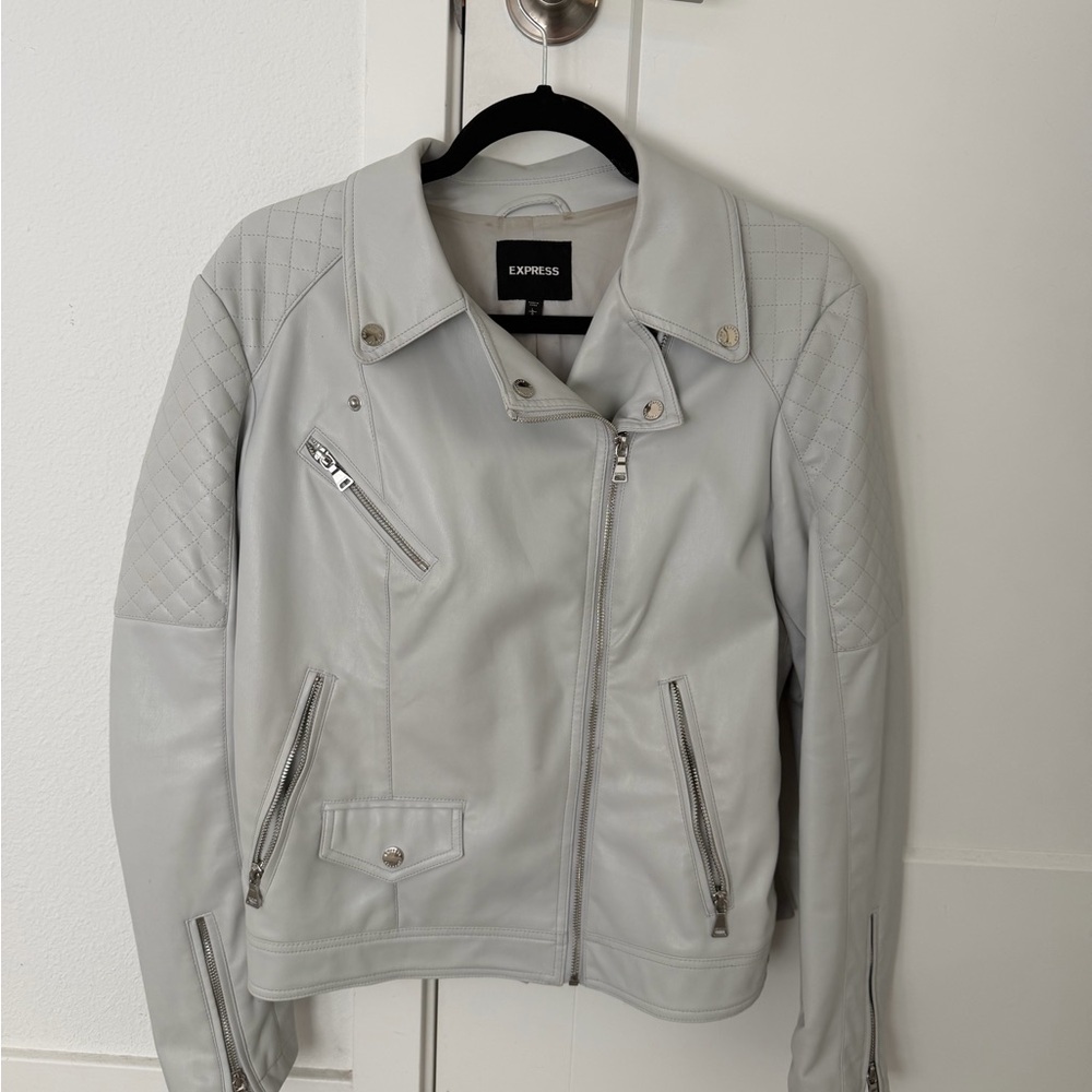 Express Women's Light Gray Quilted Sleeve Faux Leather Moto Jacket